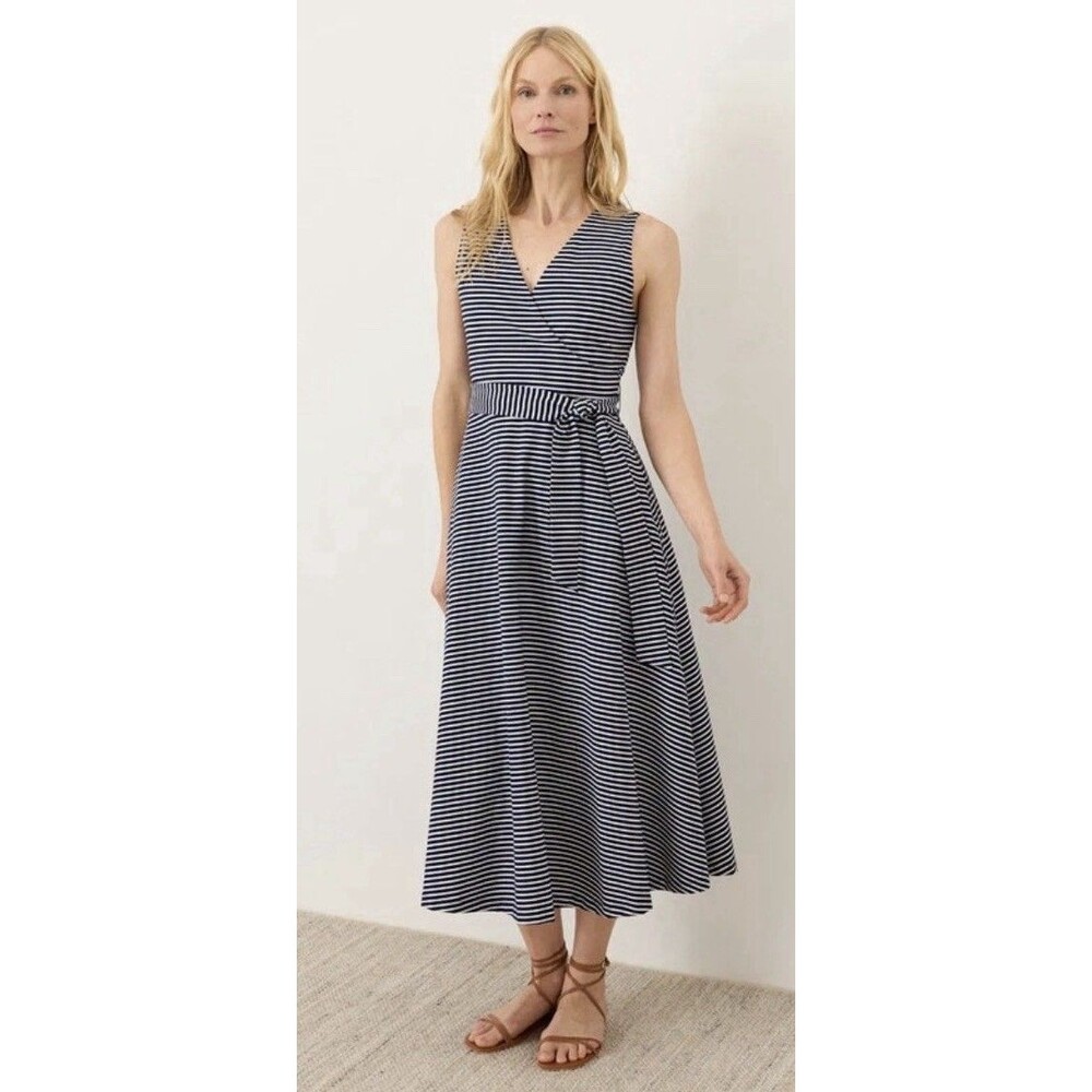 PACT Organic Cotton Fit & Flare Easy V-Neck Dress XL Navy White Stripe Nautical